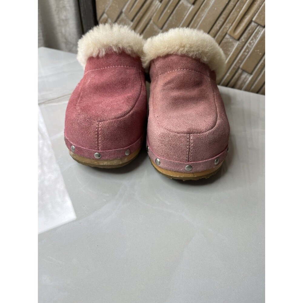 UGG Women Sz 8 Kalie Pink Suede Leather Mule Clog Heels Shoes Fur Wool Shearling - Picture 4 of 9